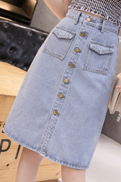 Sieviešu ikdienas džinsa svārki ar pogām un augstu vidukli
