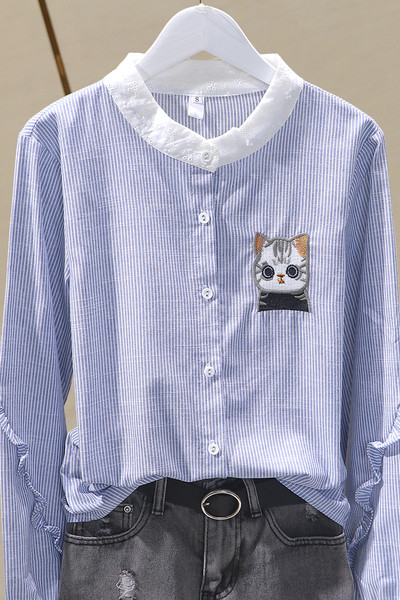 Moteriški laisvalaikio dryžuoti marškiniai su spalvotu siuvinėjimu