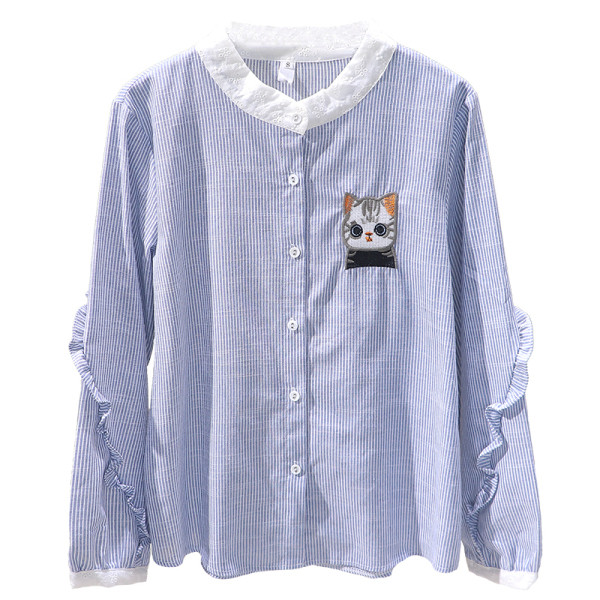 Moteriški laisvalaikio dryžuoti marškiniai su spalvotu siuvinėjimu