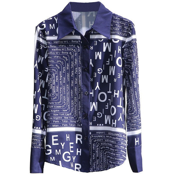 Cămașă casual de damă cu inscripții colorate și guler clasic