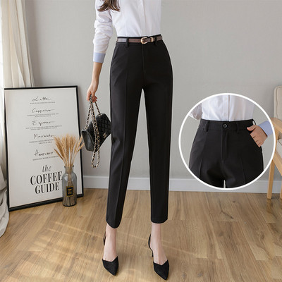 Stilingos moteriškos kelnės aukštu juosmeniu ir diržu