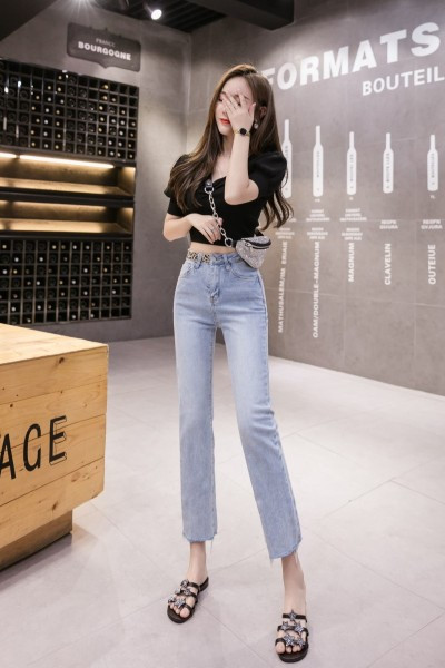 Blugi lungi casual de dama cu talie inalta si buzunare