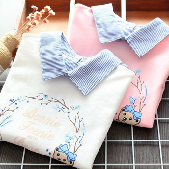 Модерна детска блуза с раирана яка и щампа за момичета
