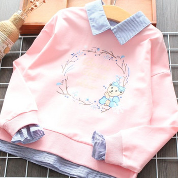Модерна детска блуза с раирана яка и щампа за момичета