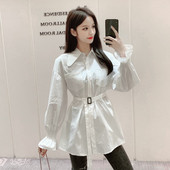 Ženska ležerna duga košulja s remenom i gumbima