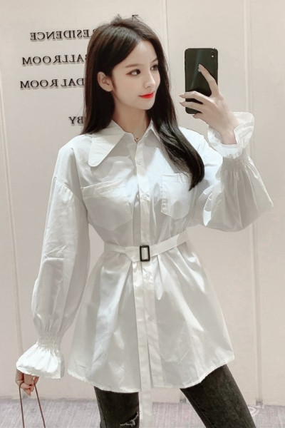 Ženska ležerna duga košulja s remenom i gumbima