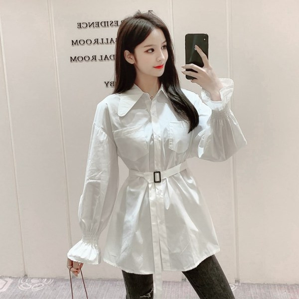 Ženska ležerna duga košulja s remenom i gumbima