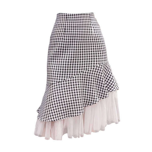 Modern női kockás szoknya, magas derékkal és tüllel
