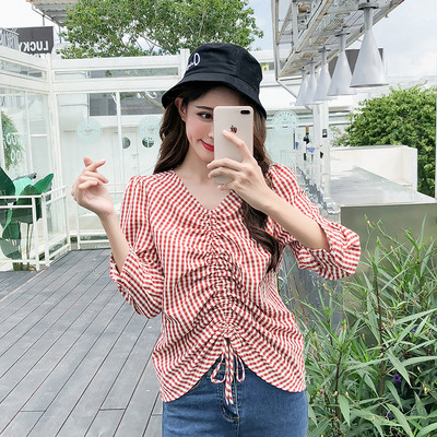 Cămașă casual de damă în carouri cu cravate în roșu