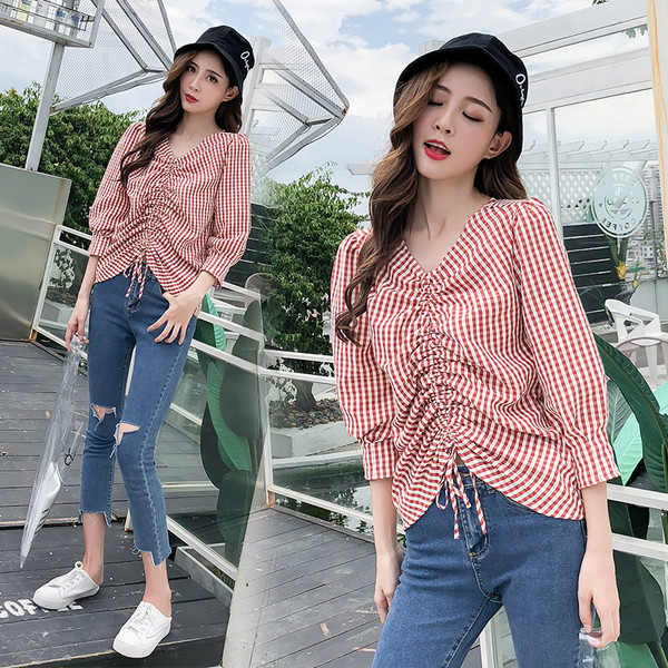 Cămașă casual de damă în carouri cu cravate în roșu