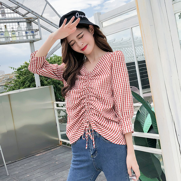 Cămașă casual de damă în carouri cu cravate în roșu