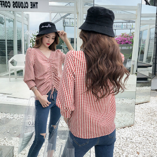 Cămașă casual de damă în carouri cu cravate în roșu