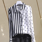 Cămașă casual de damă în dungi cu guler clasic în alb-negru