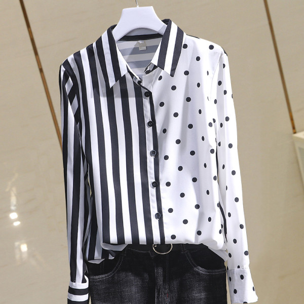 Cămașă casual de damă în dungi cu guler clasic în alb-negru