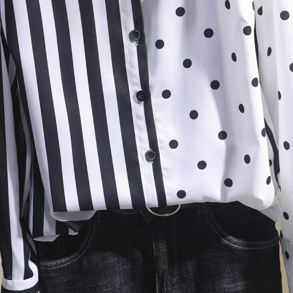 Cămașă casual de damă în dungi cu guler clasic în alb-negru