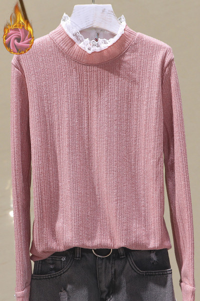 Sieviešu ikdienas blūze ar mežģīnēm pie kakla izgriezuma un piedurknēm