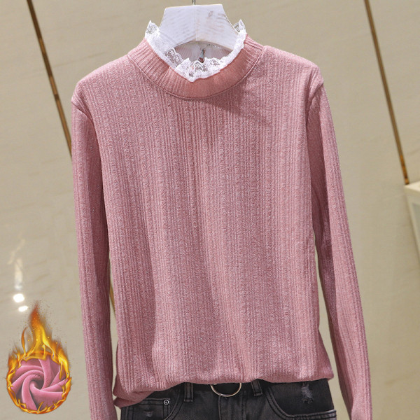 Sieviešu ikdienas blūze ar mežģīnēm pie kakla izgriezuma un piedurknēm