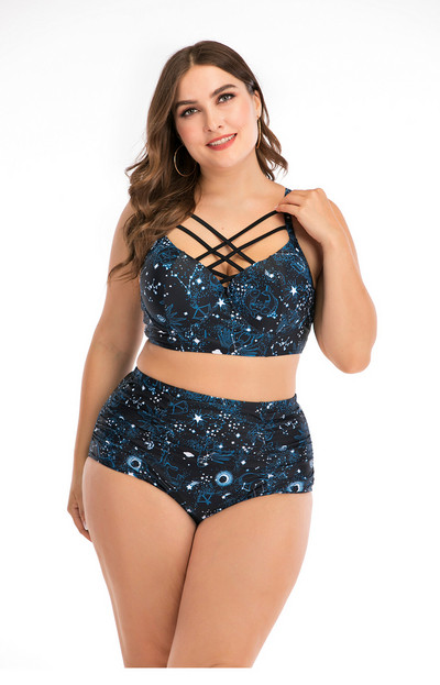 Kaasaegne kaheosaline värvilise mustriga ja ristrihmadega ujumistrikoo