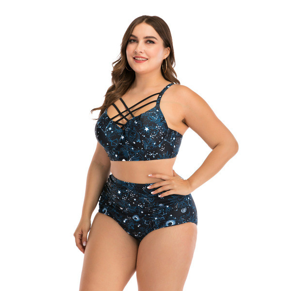 Kaasaegne kaheosaline värvilise mustriga ja ristrihmadega ujumistrikoo