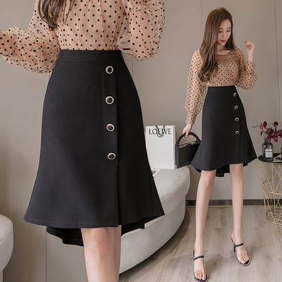 Női alkalmi szoknya magas derékkal és gombokkal-aszimmetrikus modell