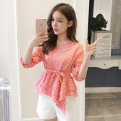 Moteriški laisvalaikio languoti marškiniai su 3/4 rankovėmis ir kaspinu