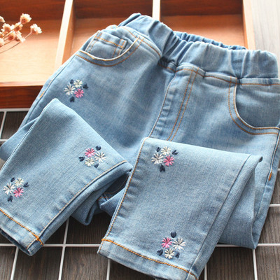 Šiuolaikiški vaikiški džinsai su siuvinėjimais ir kišene mergaitėms