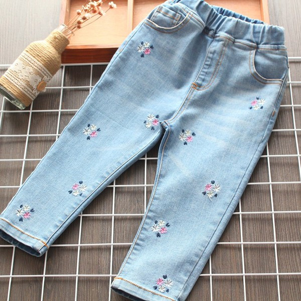 Šiuolaikiški vaikiški džinsai su siuvinėjimais ir kišene mergaitėms
