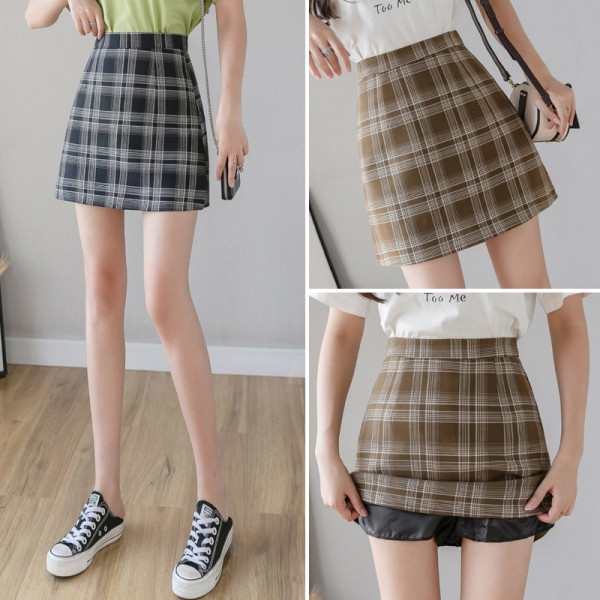 Fusta casual scurta in carouri de dama cu talie inalta