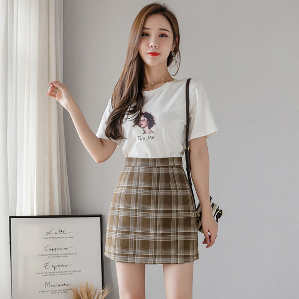 Fusta casual scurta in carouri de dama cu talie inalta