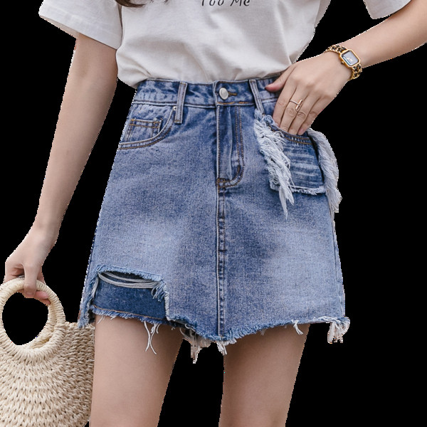 Fusta de dama scurta casual din denim cu motiv rupt si talie inalta