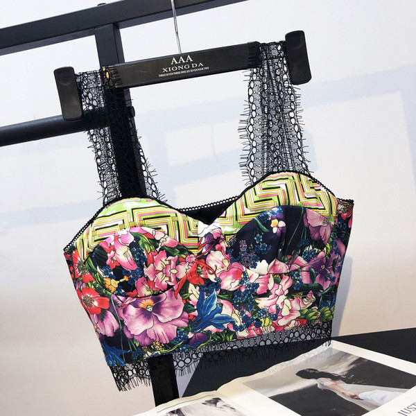 Bustiera scurta moderna de dama cu model floral si bretele din dantela