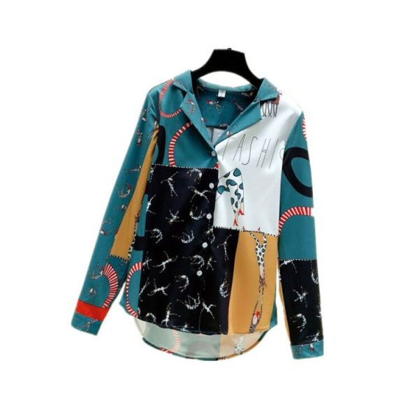 Moderns sieviešu krekls ar krāsainu rakstu, garām piedurknēm un klasisku apkakli