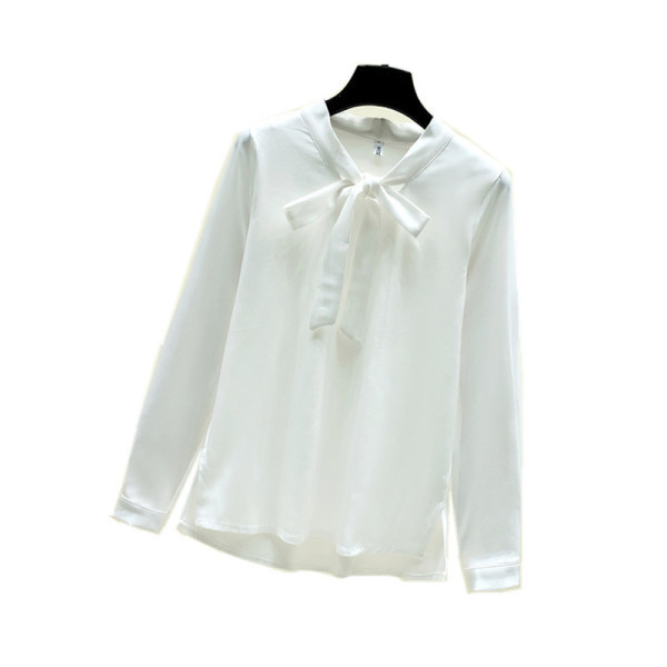 Cămașă albă elegantă, cu mâneci lungi și guler cu panglică