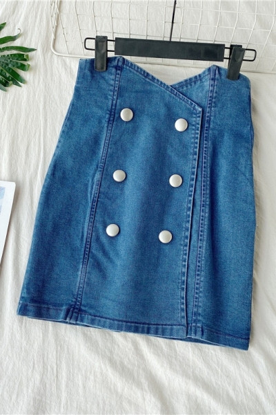 Fusta de dama moderna din denim cu talie inalta si nasturi