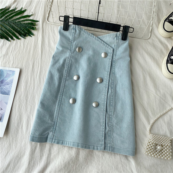Fusta de dama moderna din denim cu talie inalta si nasturi