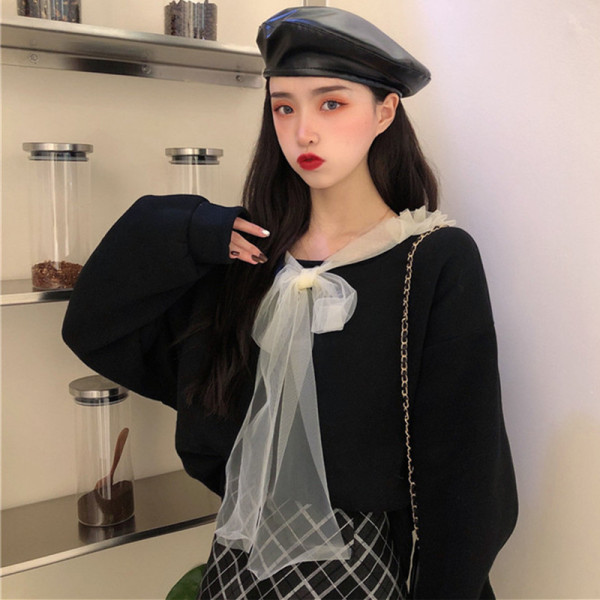 Bluză neagră de damă lată cu panglică din tul