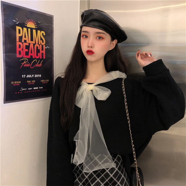 Bluză neagră de damă lată cu panglică din tul