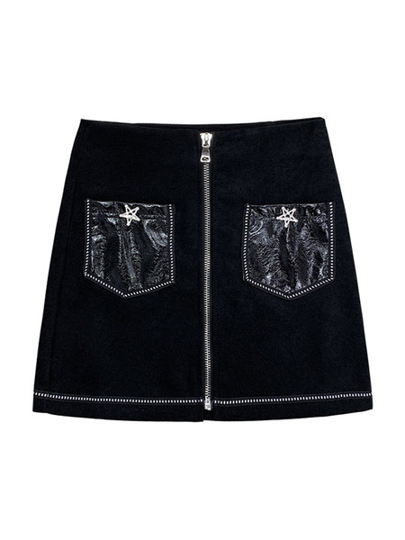 Fusta de dama neagra cu talie inalta, fermoar si elemente metalice