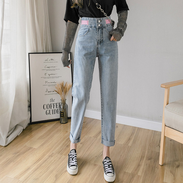 Pavasara sieviešu džinsu taisns modelis ar augstu vidukli