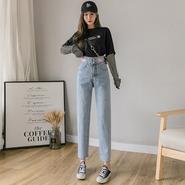 Pavasara sieviešu džinsu taisns modelis ar augstu vidukli
