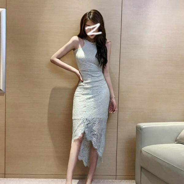 Krojena ženska haljina od čipke s O izrezom