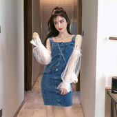 Moderna džinsa kleita ar mežģīņu piedurknēm