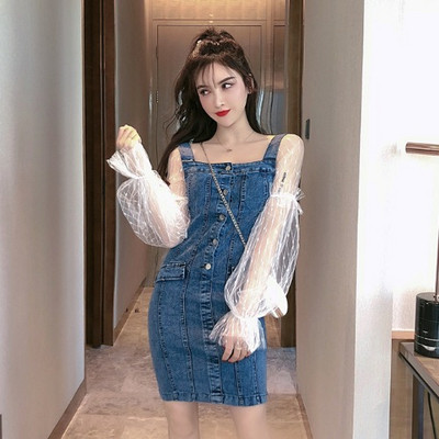 Moderna džinsa kleita ar mežģīņu piedurknēm