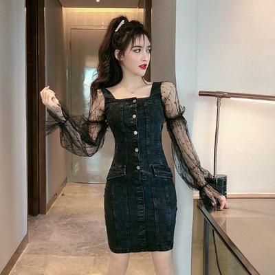 Moderna džinsa kleita ar mežģīņu piedurknēm