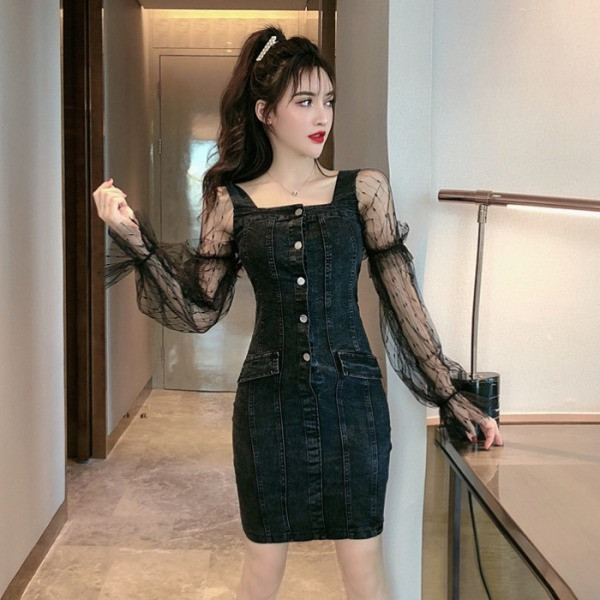 Moderna džinsa kleita ar mežģīņu piedurknēm