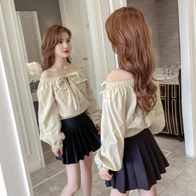 Retro moteriški marškiniai plačiomis rankovėmis ir kaspinu