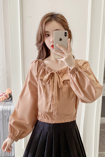 Retro moteriški marškiniai plačiomis rankovėmis ir kaspinu