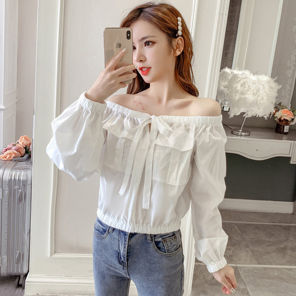 Retro moteriški marškiniai plačiomis rankovėmis ir kaspinu