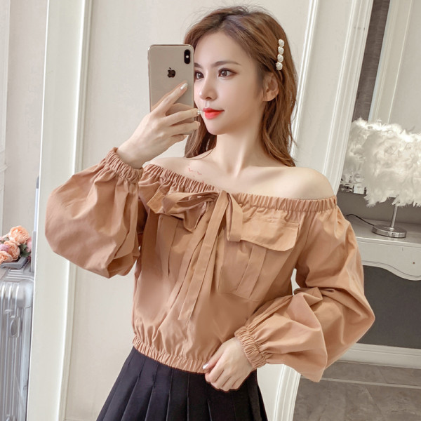 Retro moteriški marškiniai plačiomis rankovėmis ir kaspinu