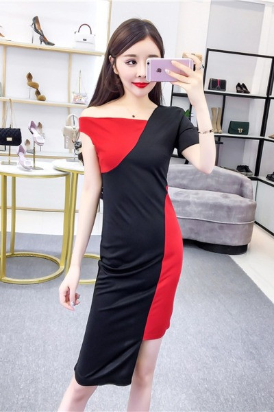 Modern női aszimmetrikus ruha, rövid ujjal